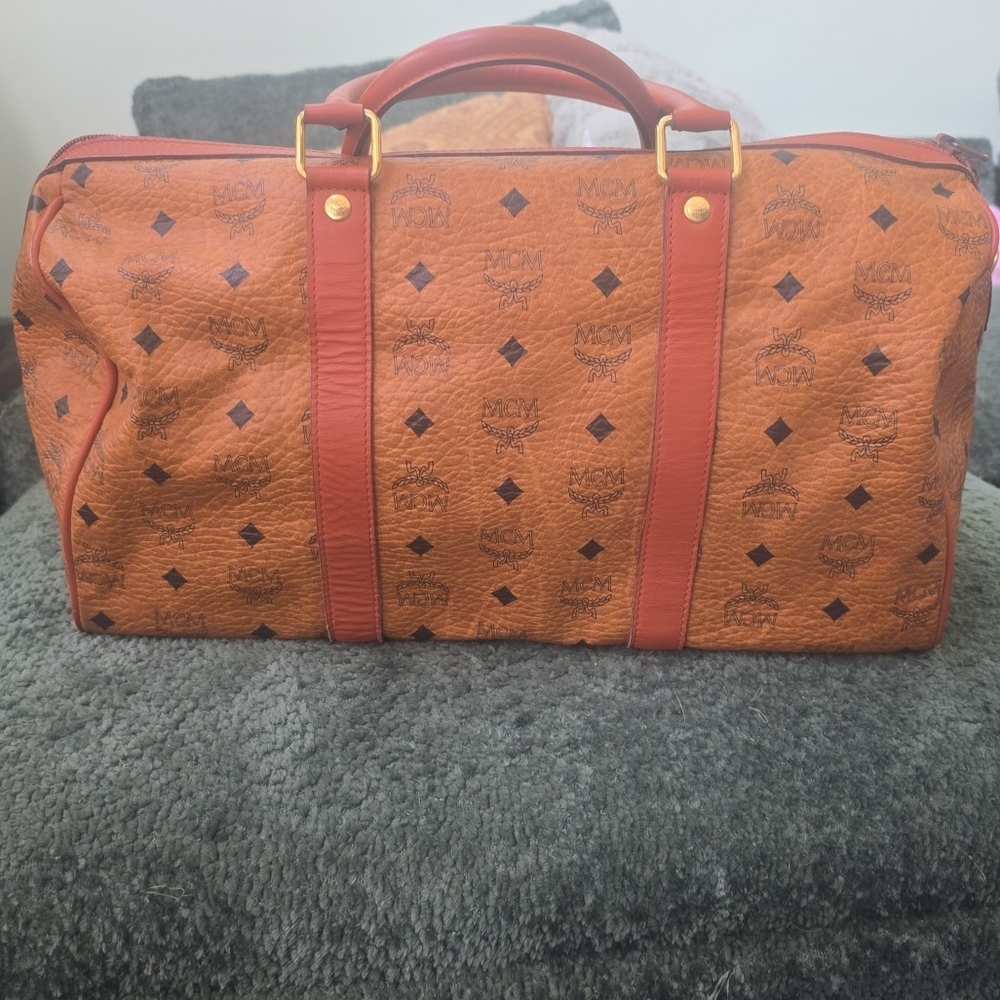 MCM Cognac Leather Duffel with Red Trim and Gold Hardware